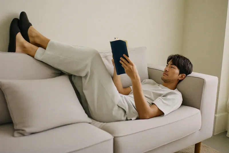 自宅のソファでくつろぐ40代の男性